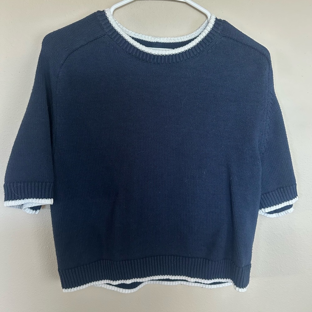 Navy Blue A&F Knit Sweater with White Trim
